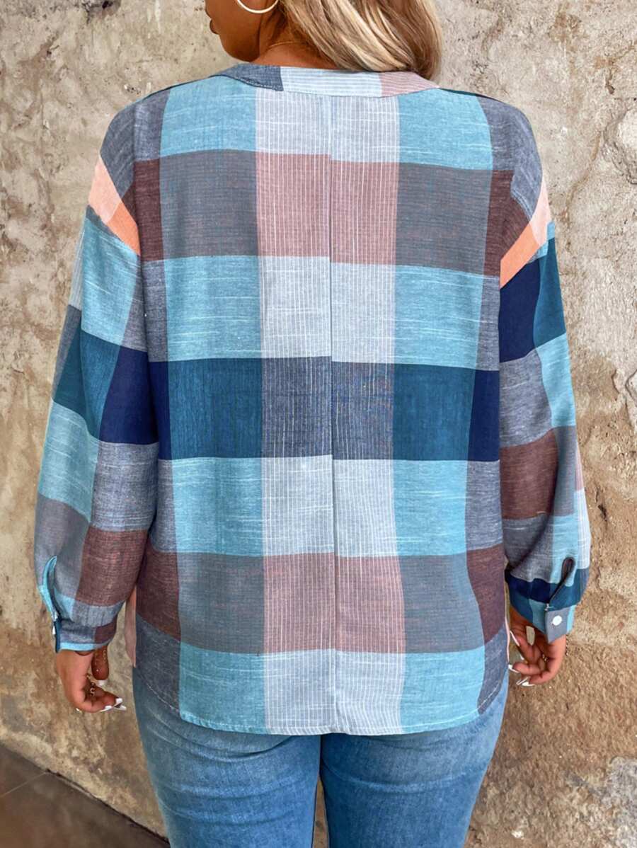 Plus Size Plaid Drop Shoulder Blouse Casual Wear Loose Fit