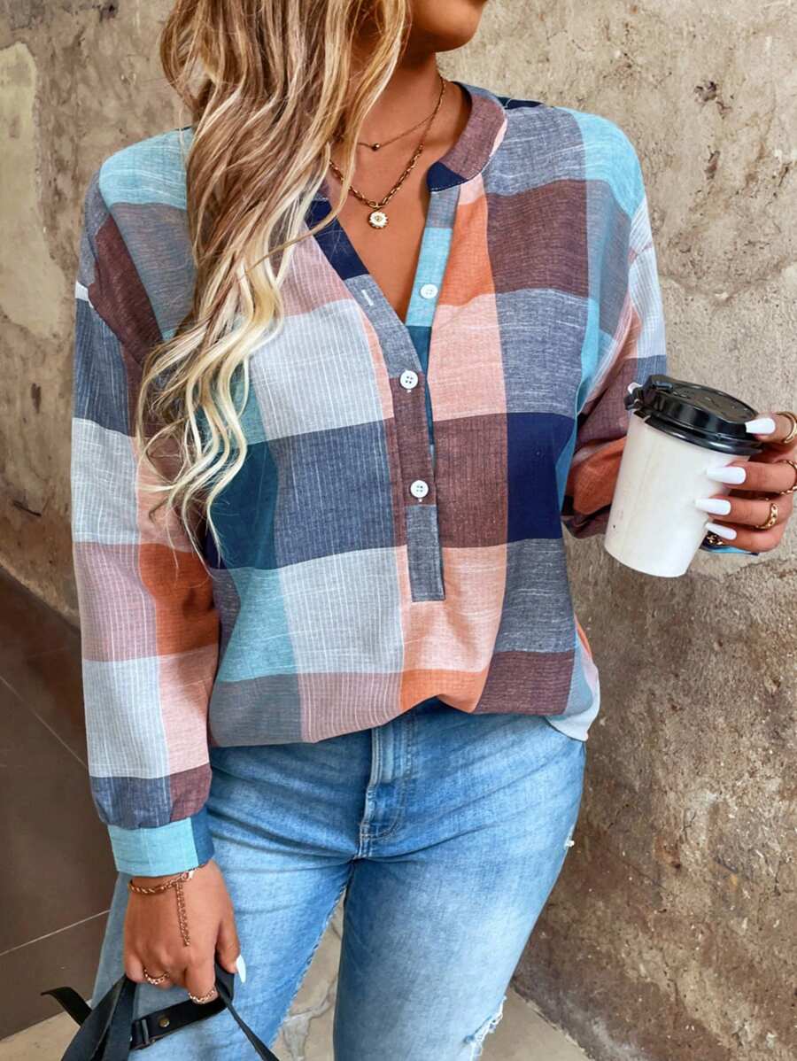 Plus Size Plaid Drop Shoulder Blouse Casual Wear Loose Fit