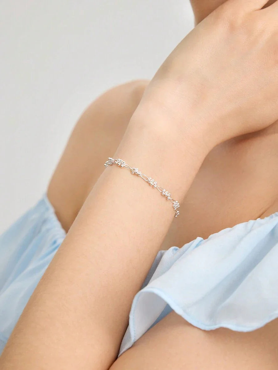 Chic Silver Plated Beaded Chain Bracelet With Rhinestones