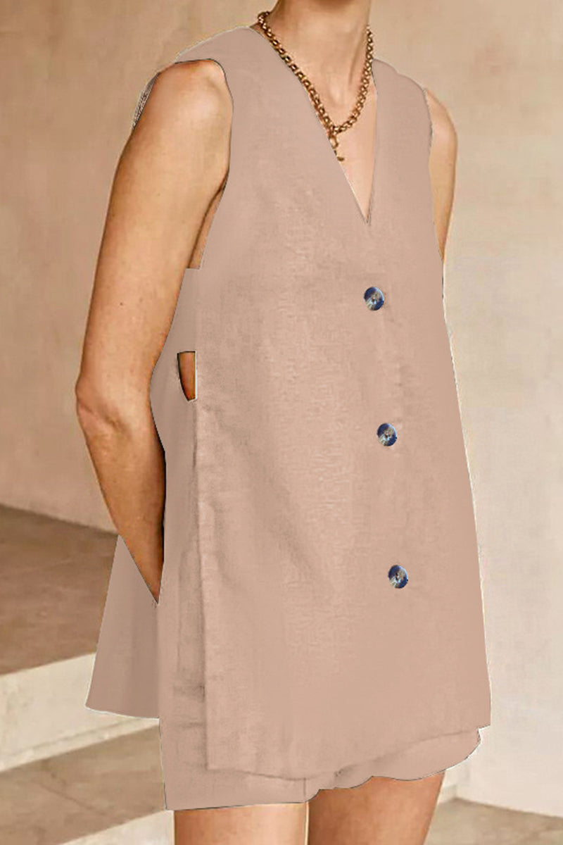 Casual British Style Solid Pocket Buckle V Neck Sleeveless Two Pieces(3 Colors)