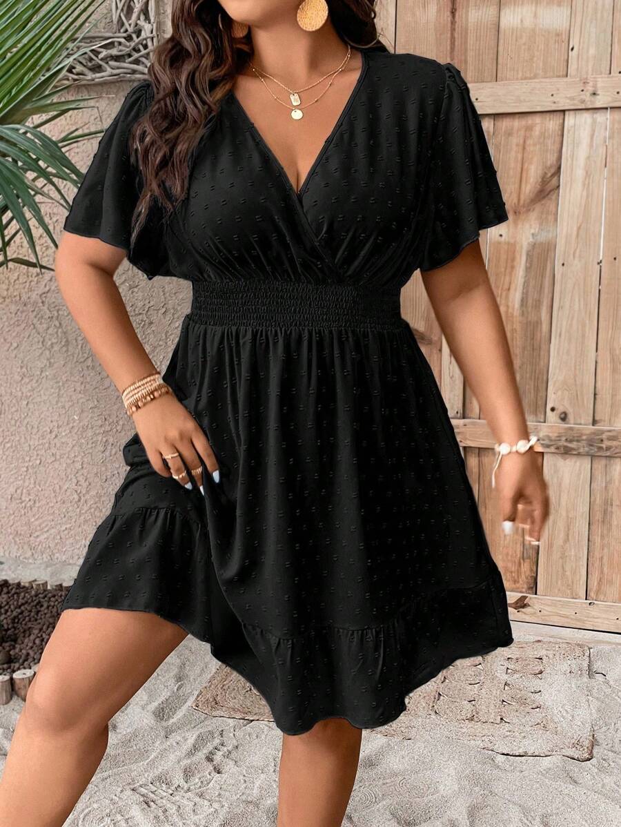 Plus Size V Neck Ruffle Dress With Cinched Waist Fit