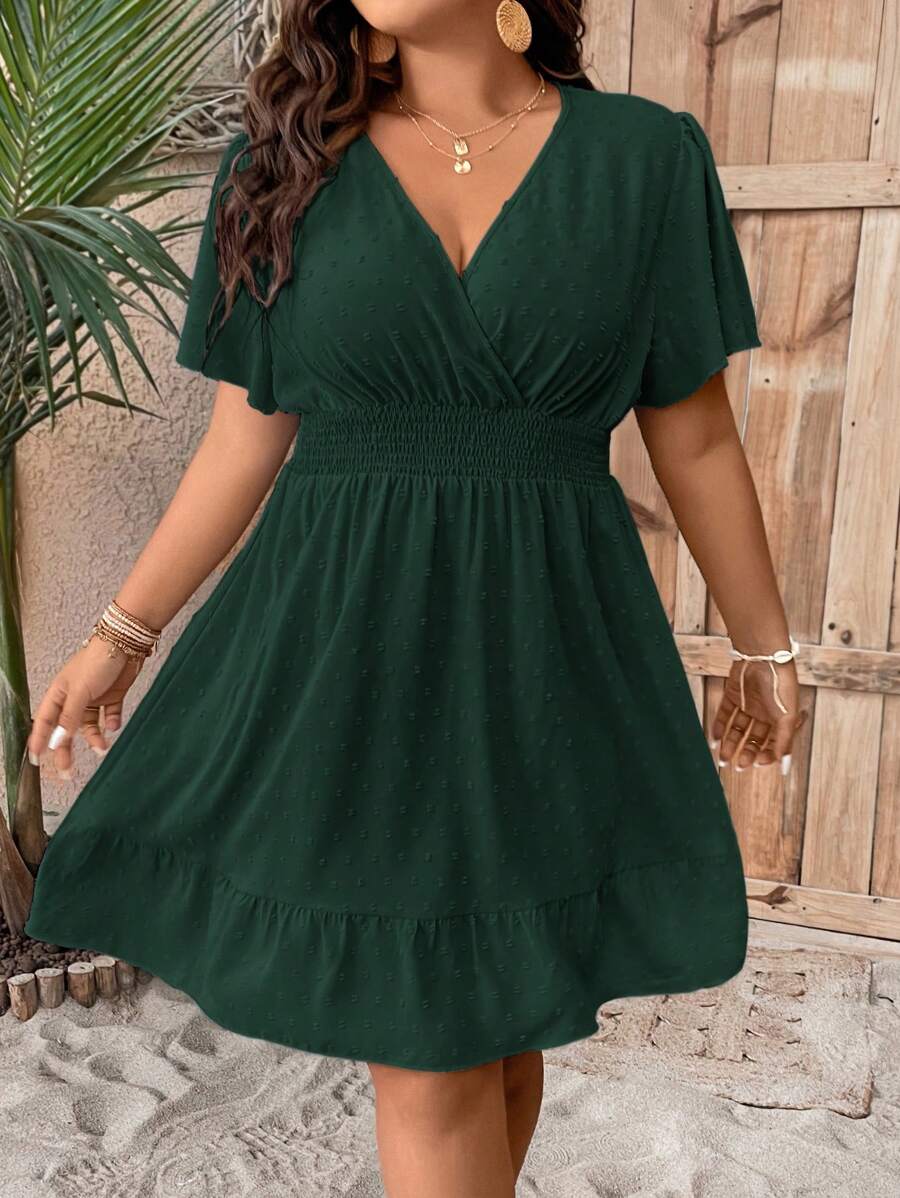 Plus Size V Neck Ruffle Dress With Cinched Waist Fit