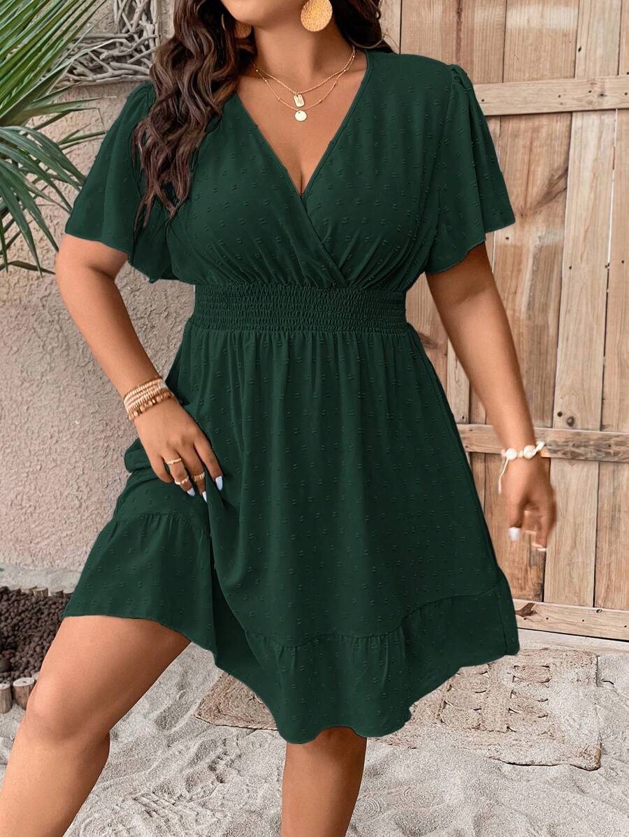 Plus Size V Neck Ruffle Dress With Cinched Waist Fit