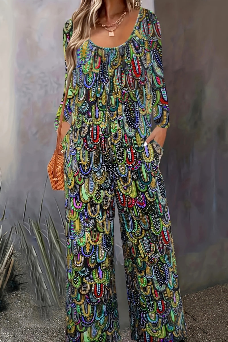Casual Print Basic U Neck Regular Jumpsuits(3 Colors)