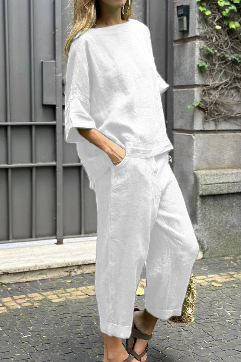 Casual Solid Pocket O Neck Three Quarter Two Pieces(8 Colors)