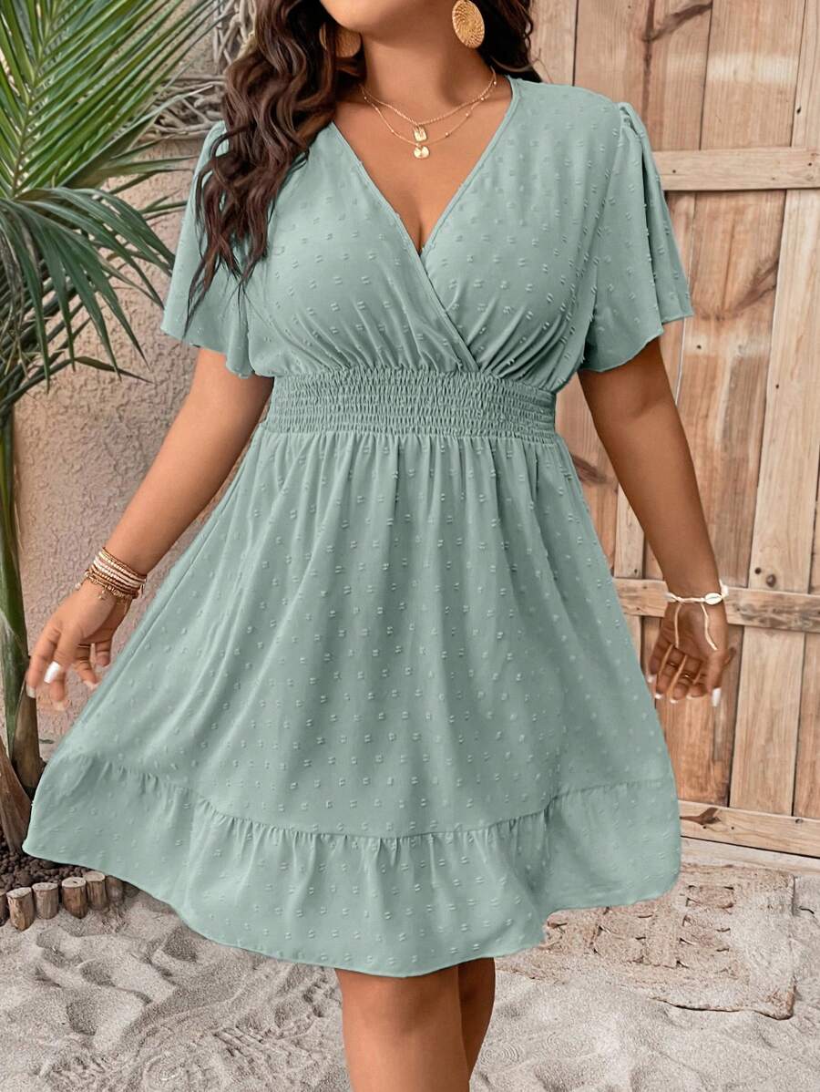 Plus Size V Neck Ruffle Dress With Cinched Waist Fit