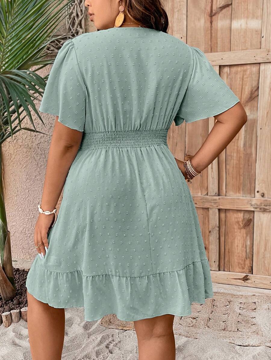 Plus Size V Neck Ruffle Dress With Cinched Waist Fit