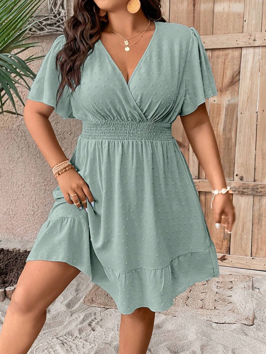 Plus Size V Neck Ruffle Dress With Cinched Waist Fit