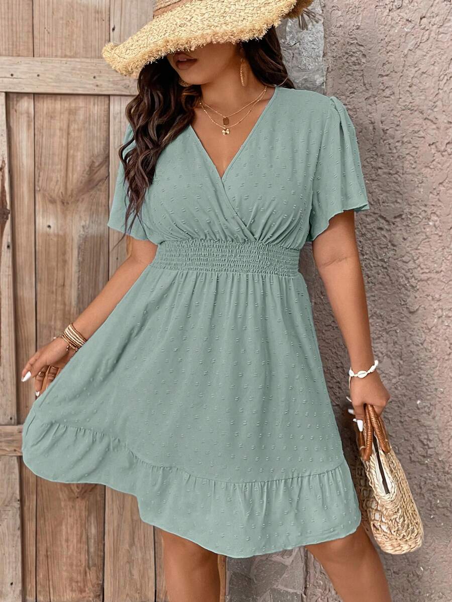 Plus Size V Neck Ruffle Dress With Cinched Waist Fit