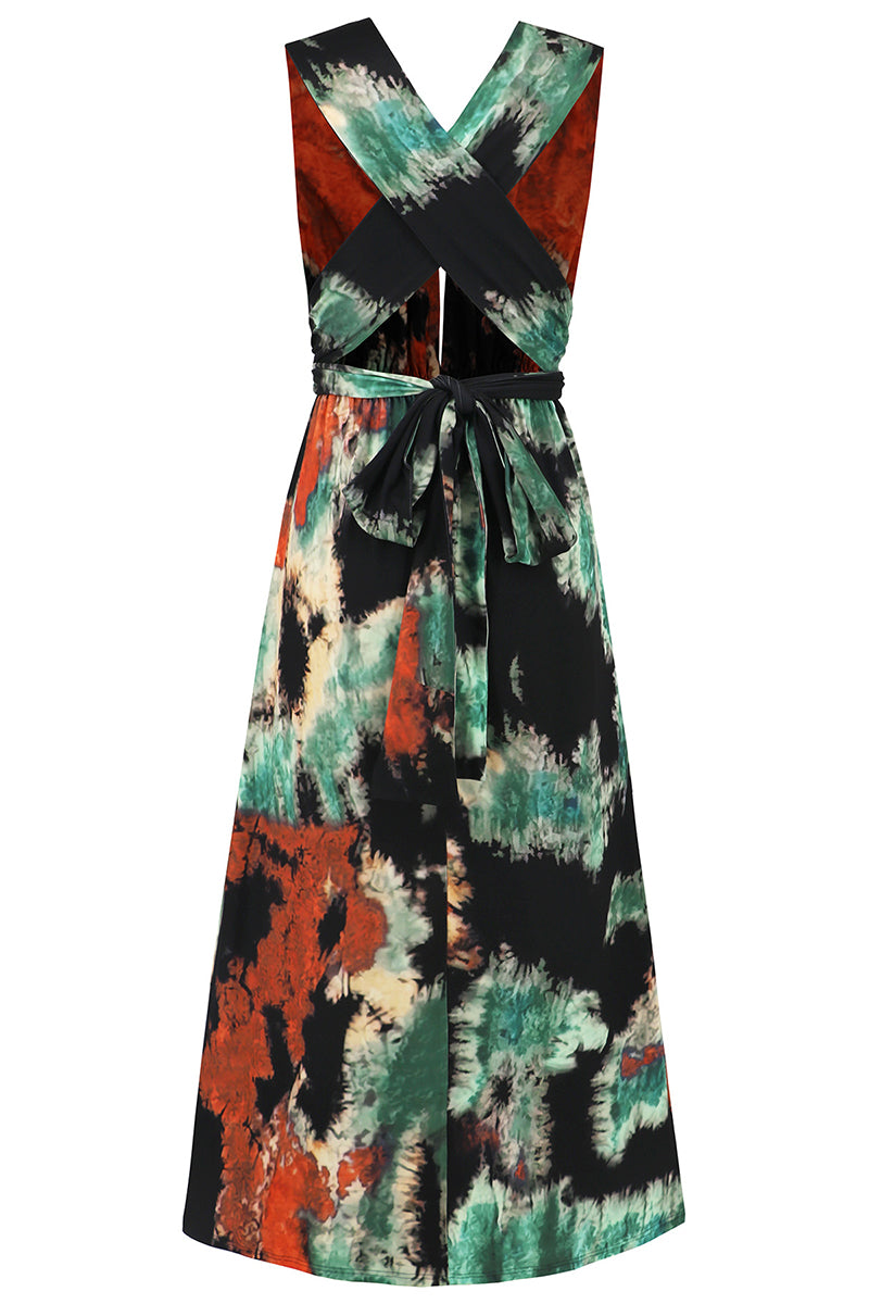 Sexy Tie Dye Print Cross Straps Contrast V Neck Sleeveless Dresses(A variety of binding methods)(3 Colors)