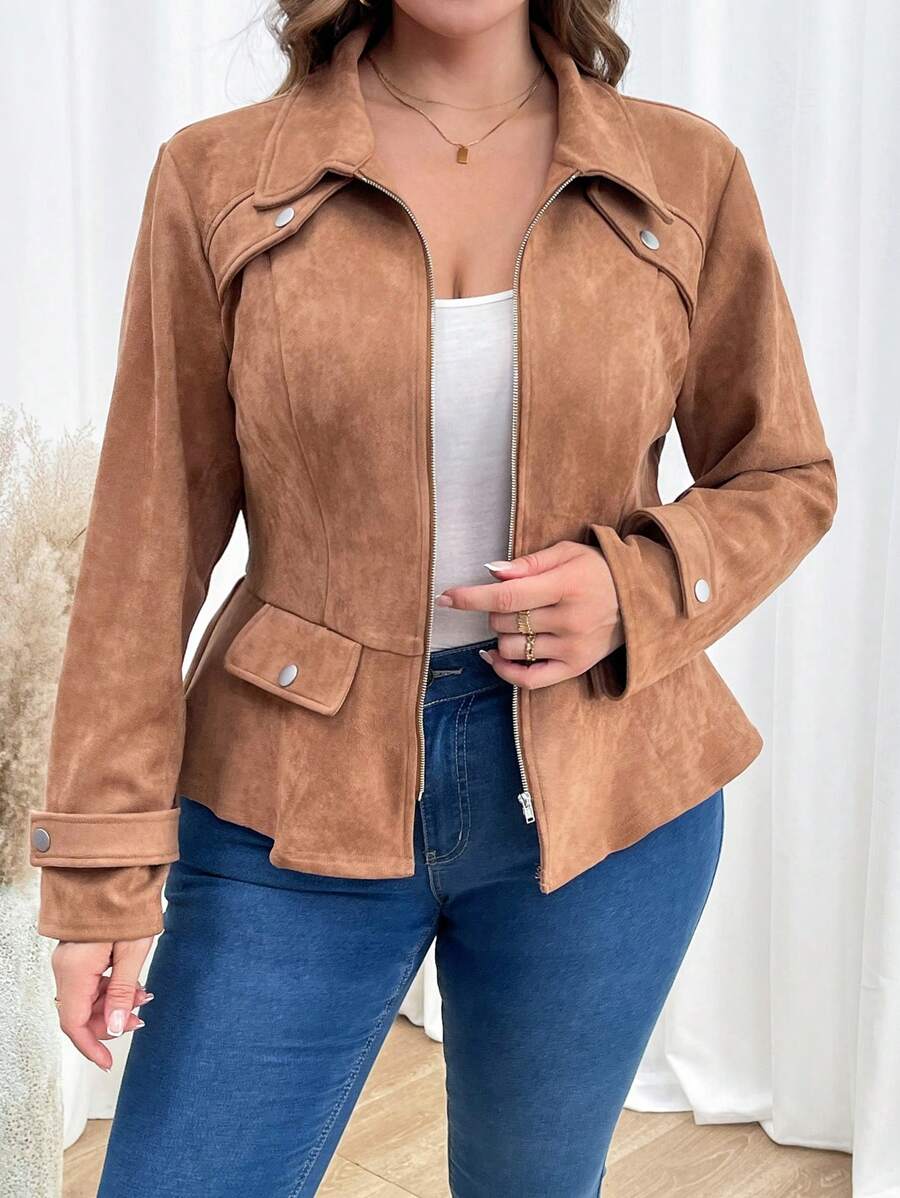Plus Size Waisted Burgundy Casual Jacket With Front Zipper