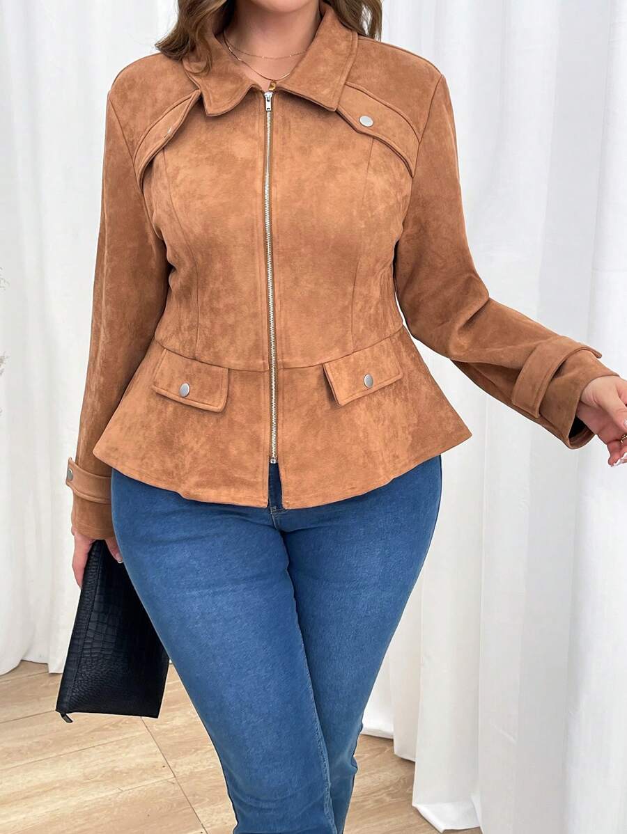 Plus Size Waisted Burgundy Casual Jacket With Front Zipper