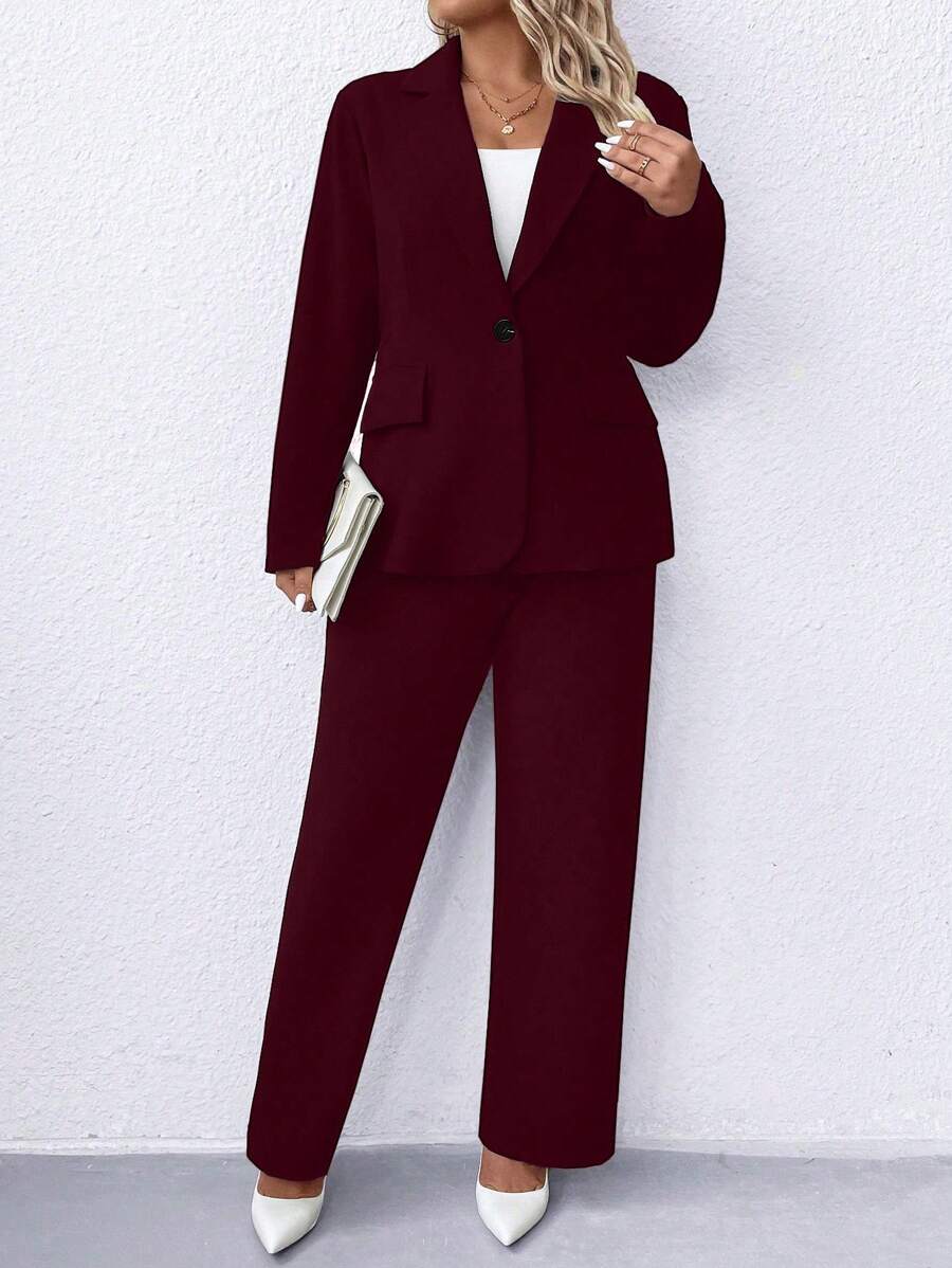 Plus Size Notched Collar Blazer Navy Workwear Casual