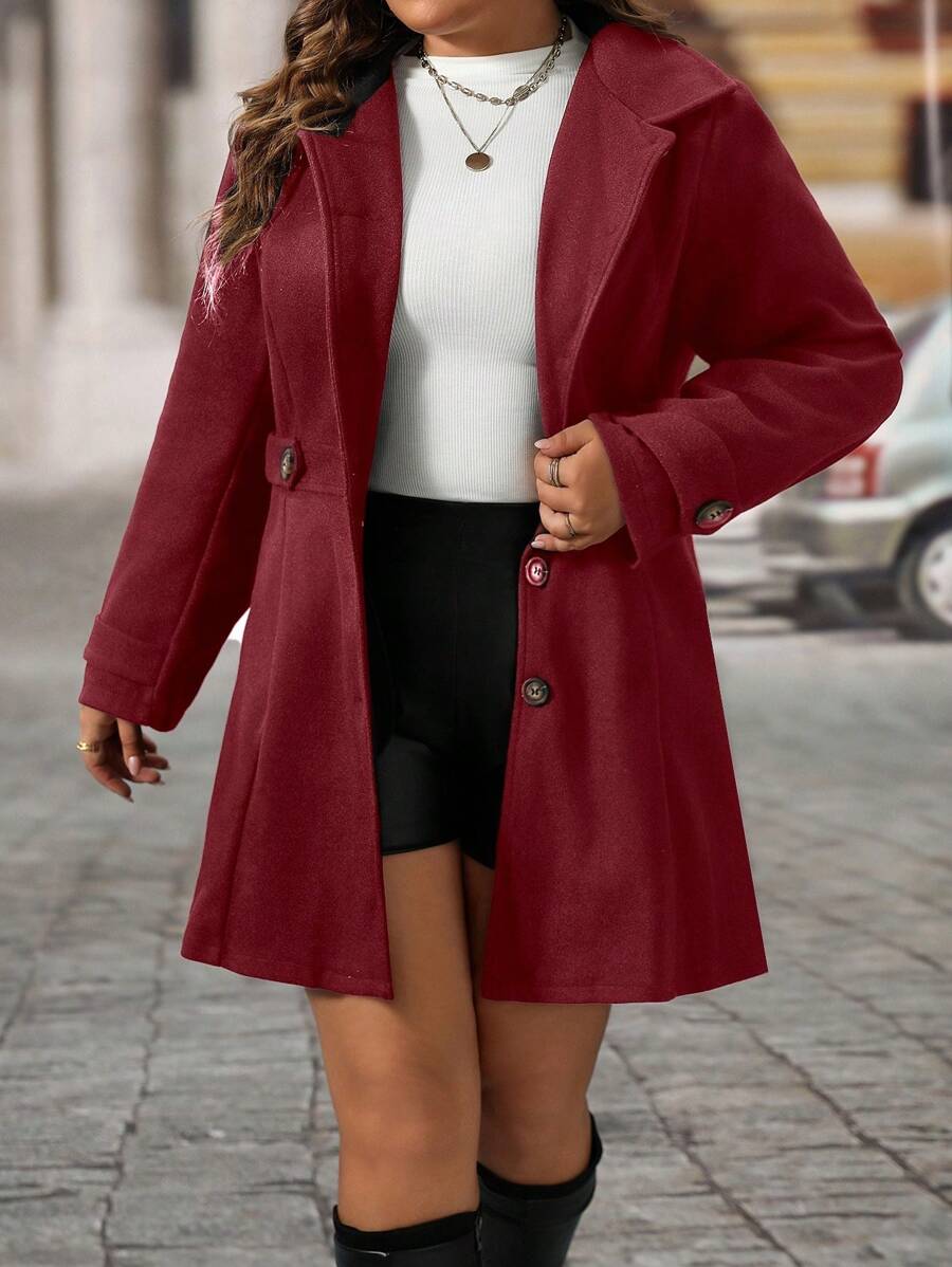 Plus Size Knit Coat Black Lapel Button Decor Waisted Midi