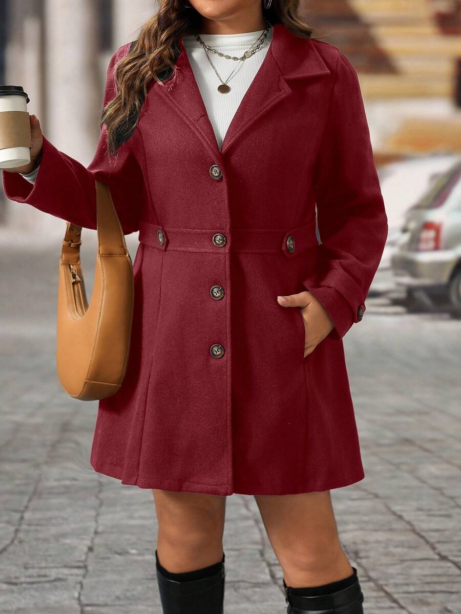 Plus Size Knit Coat Black Lapel Button Decor Waisted Midi