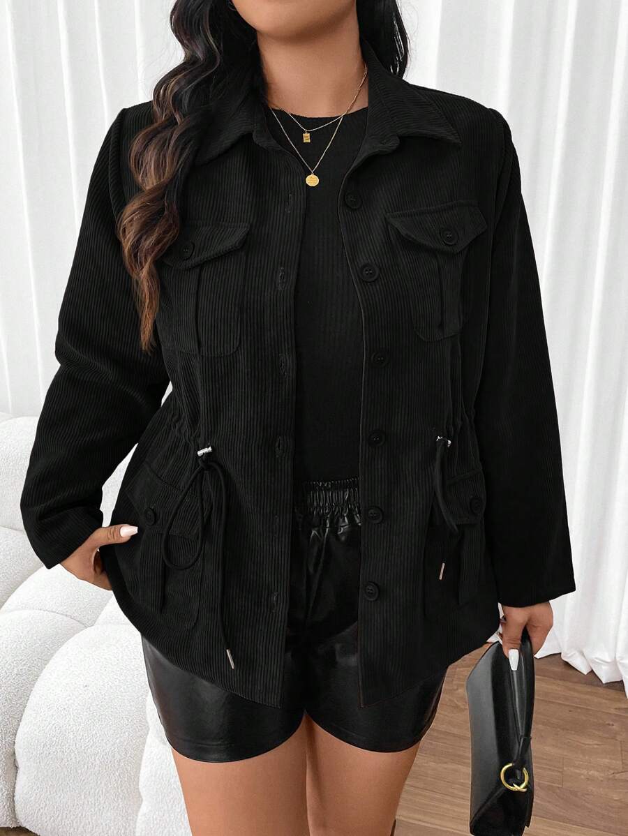 Corduroy Drawstring Waist Jacket For Everyday Casual Wear