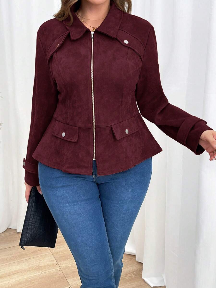 Plus Size Waisted Burgundy Casual Jacket With Front Zipper