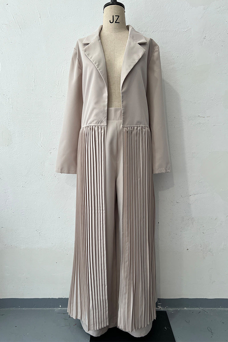 Casual Pleated Turn-back Collar Long Sleeve Two Pieces(4 Colors)