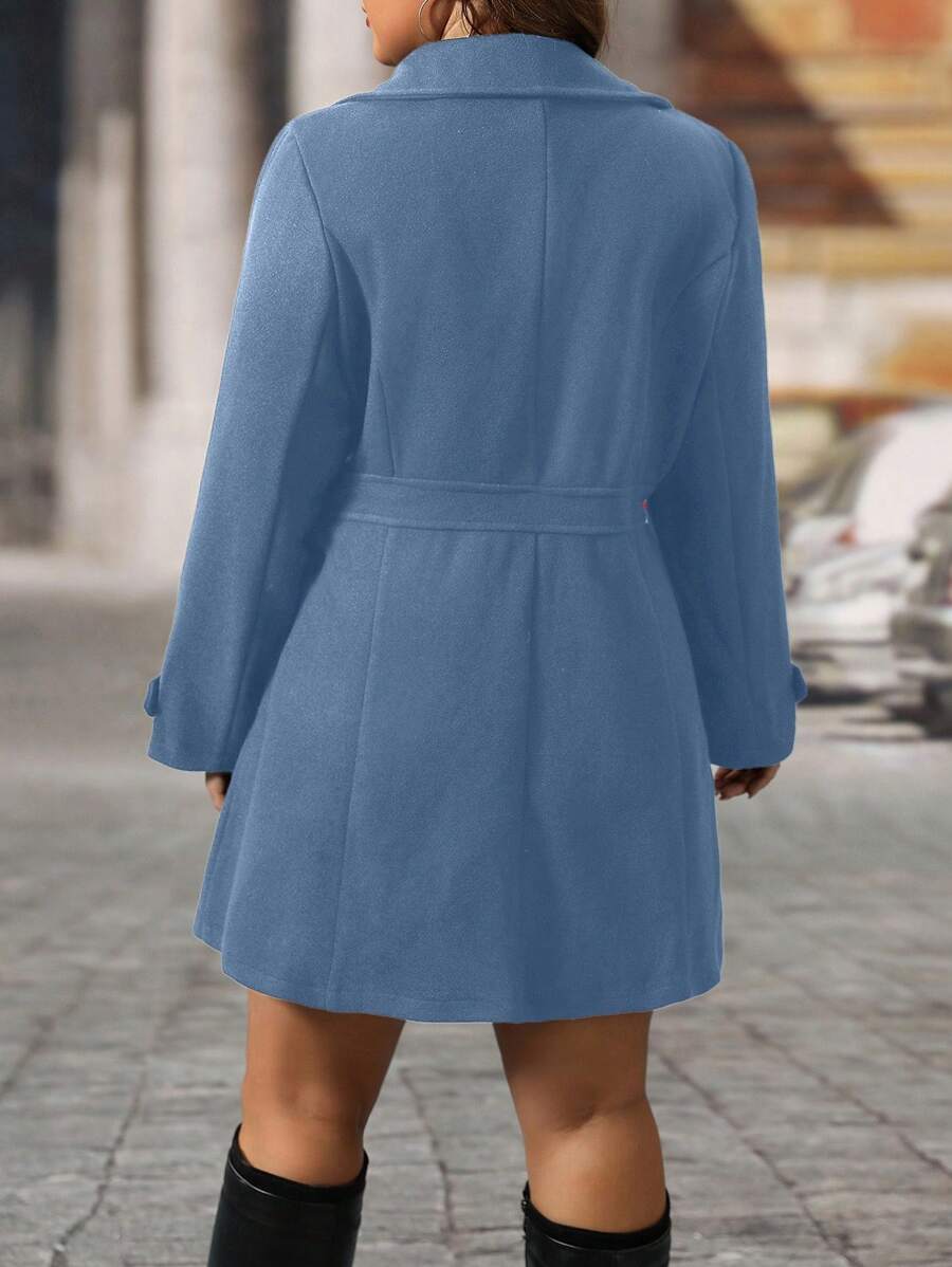 Plus Size Knit Coat Black Lapel Button Decor Waisted Midi