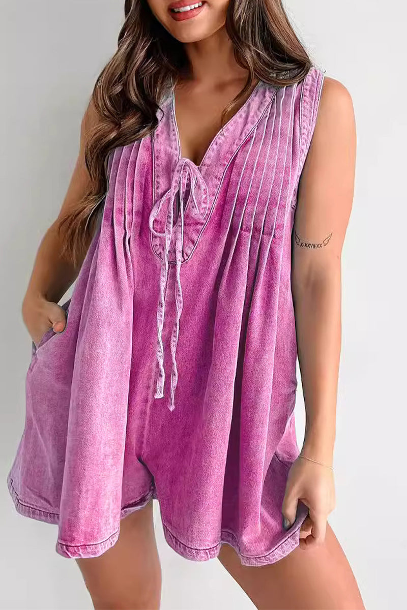 Casual Street Pocket Lace Up V Neck Sleeveless Loose Denim Jumpsuits(9 Colors)