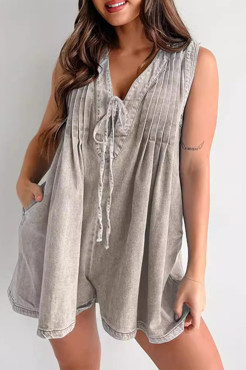 Casual Street Pocket Lace Up V Neck Sleeveless Loose Denim Jumpsuits(9 Colors)