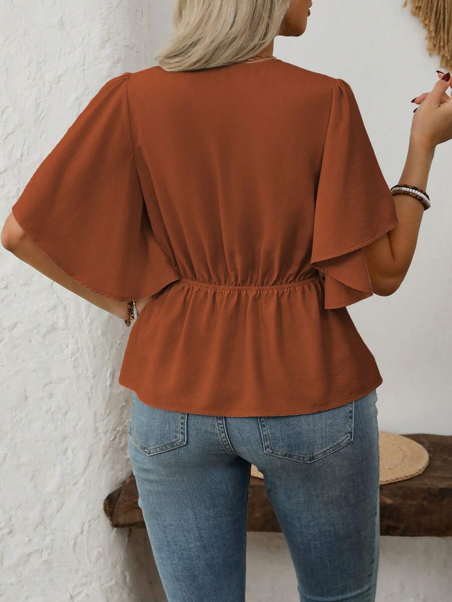 Plus Size Elegant V Neck Button Front Blouse Flared Sleeves