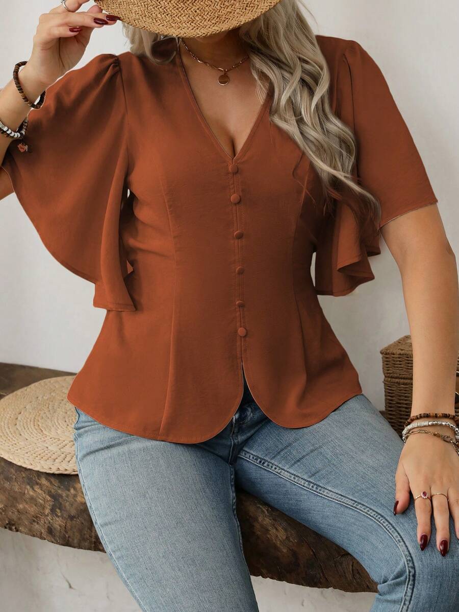 Plus Size Elegant V Neck Button Front Blouse Flared Sleeves