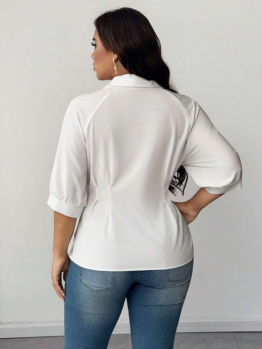 Plus Size Collared Blouse With Ruched Waist Elegant Fit