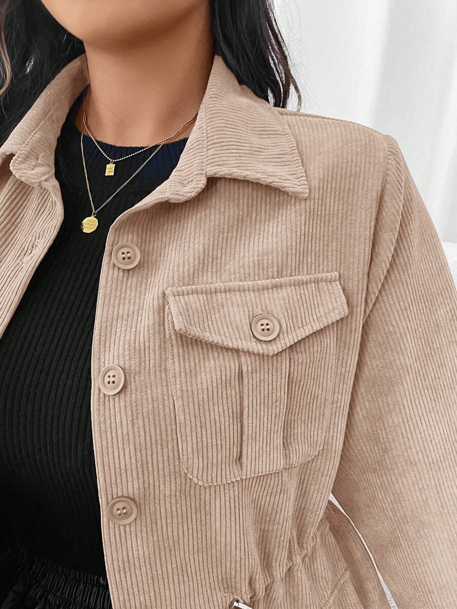 Corduroy Drawstring Waist Jacket For Everyday Casual Wear