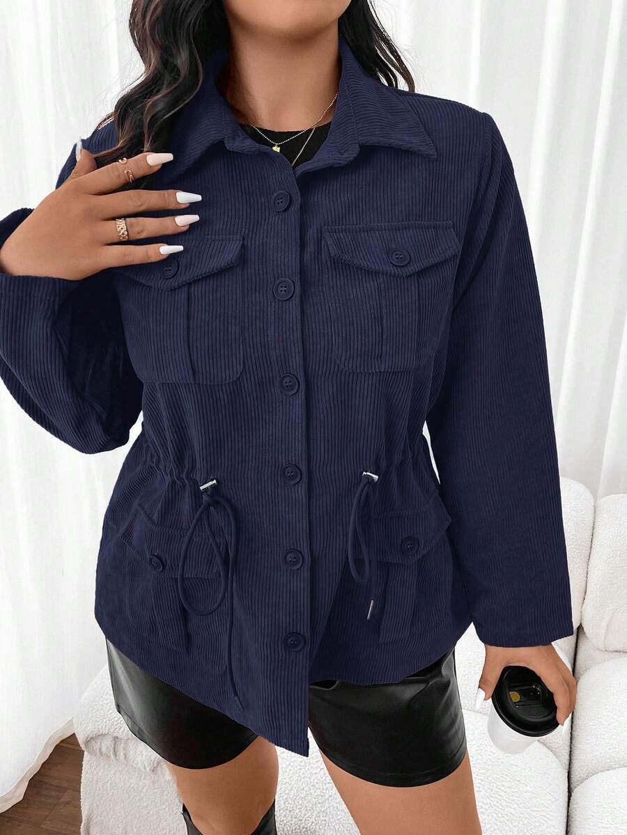 Corduroy Drawstring Waist Jacket For Everyday Casual Wear