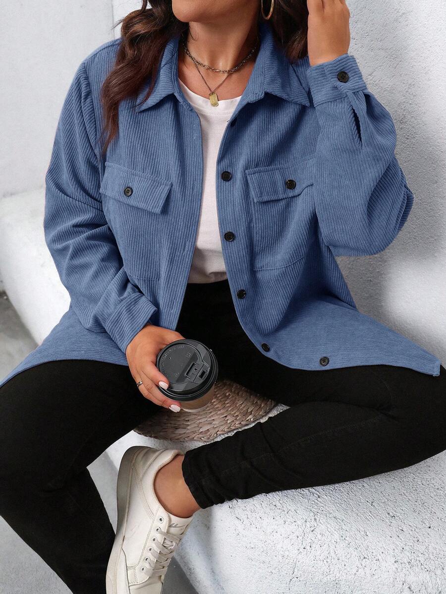 Plus Size Corduroy Shacket Single Breasted Blue Long Sleeve