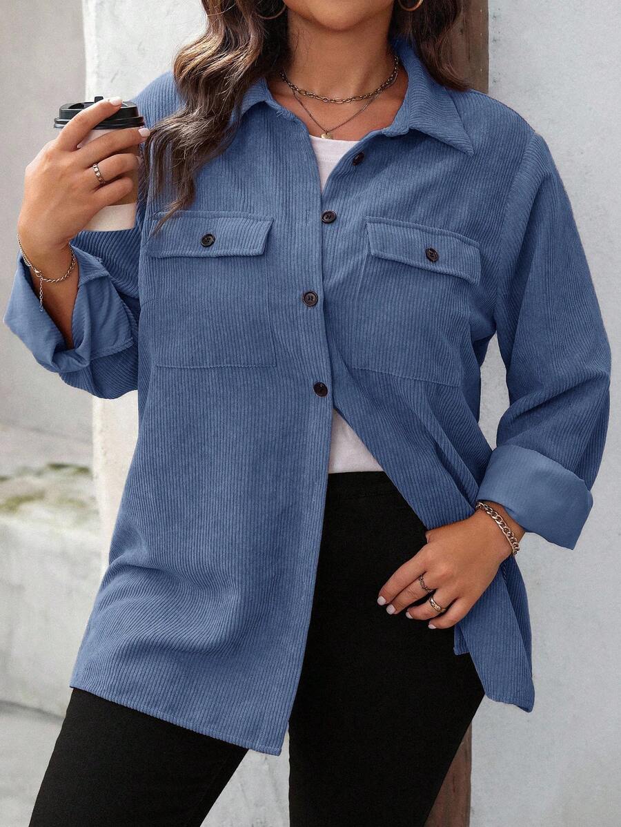 Plus Size Corduroy Shacket Single Breasted Blue Long Sleeve