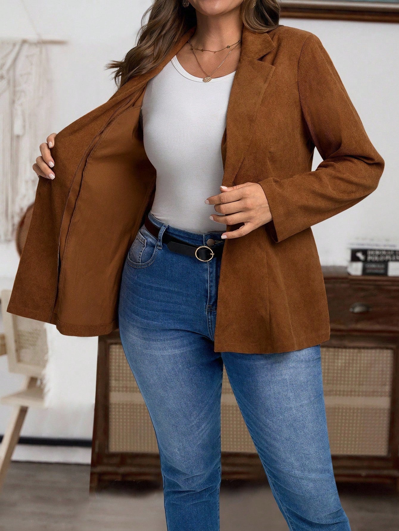 Mocha Brown Lapel Blazer With Woven Fabric And Rib Knit
