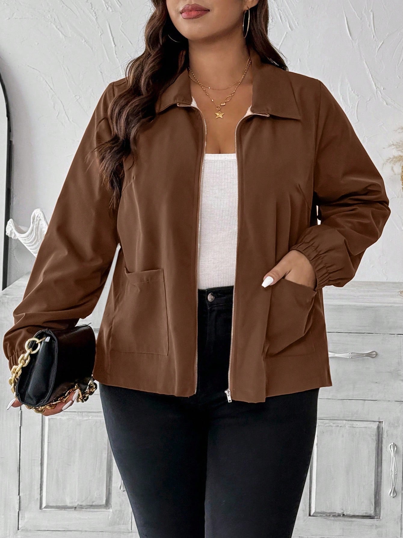 Plus Size Fleece Lined Zip Front Casual Jacket With Pockets