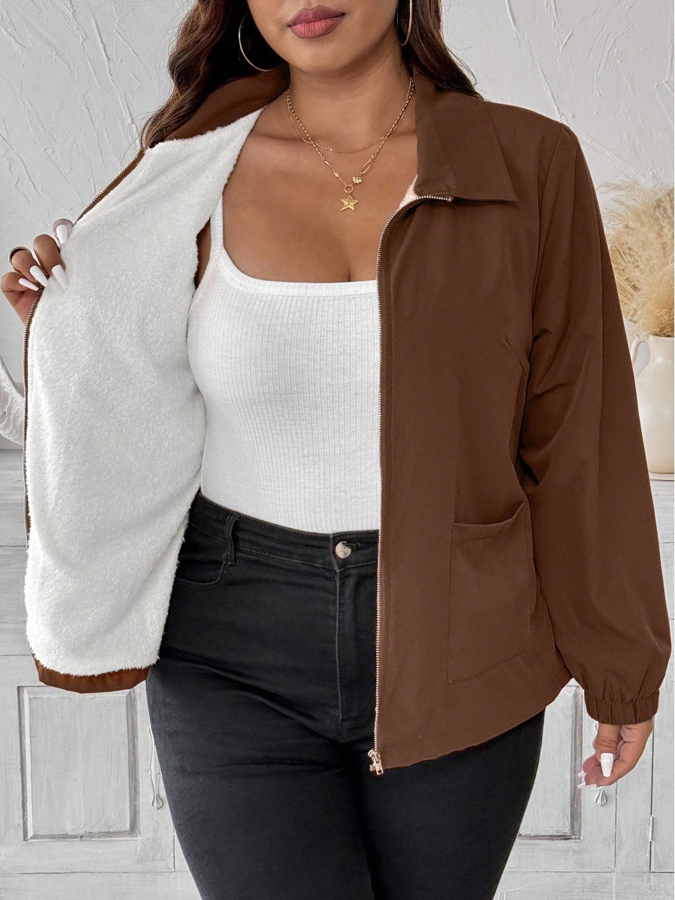 Plus Size Fleece Lined Zip Front Casual Jacket With Pockets