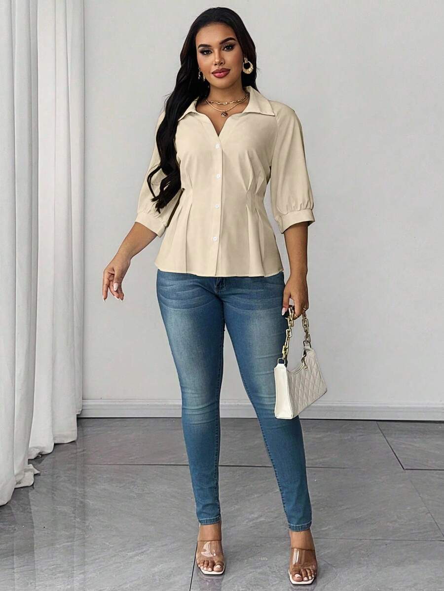 Plus Size Collared Blouse With Ruched Waist Elegant Fit