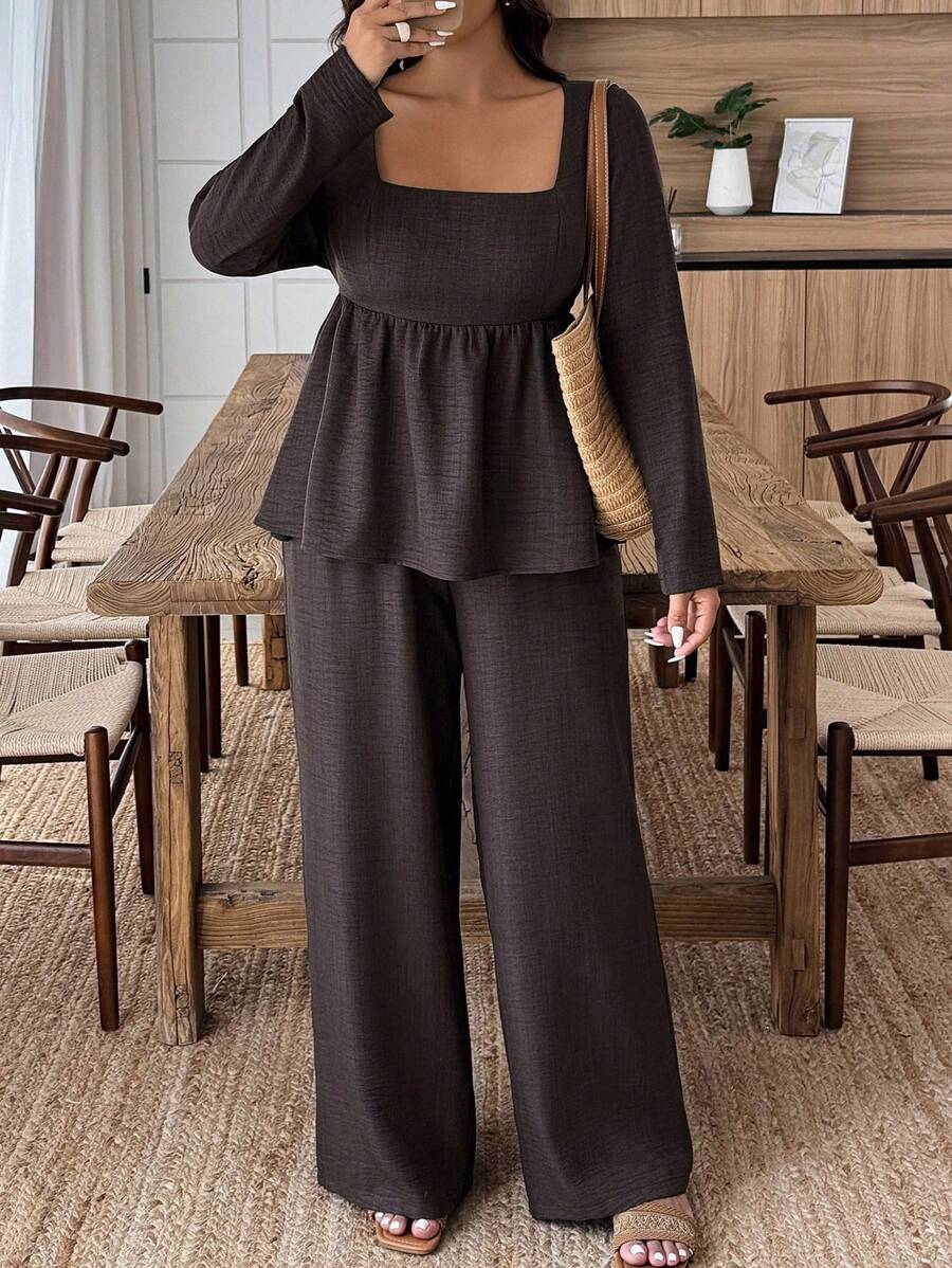 Plus Size Army Green Square Neck Two Piece Set Comfort