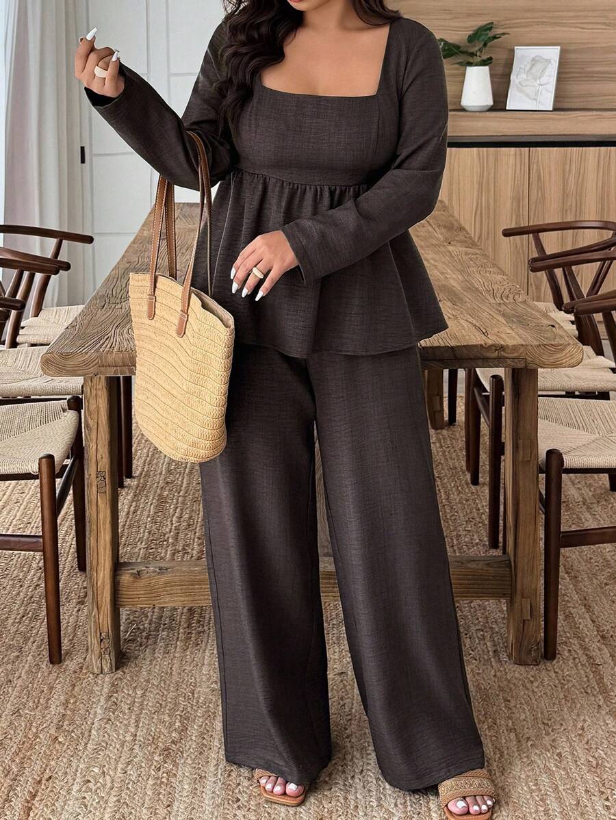 Plus Size Army Green Square Neck Two Piece Set Comfort