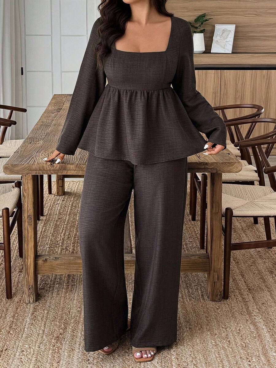 Plus Size Army Green Square Neck Two Piece Set Comfort