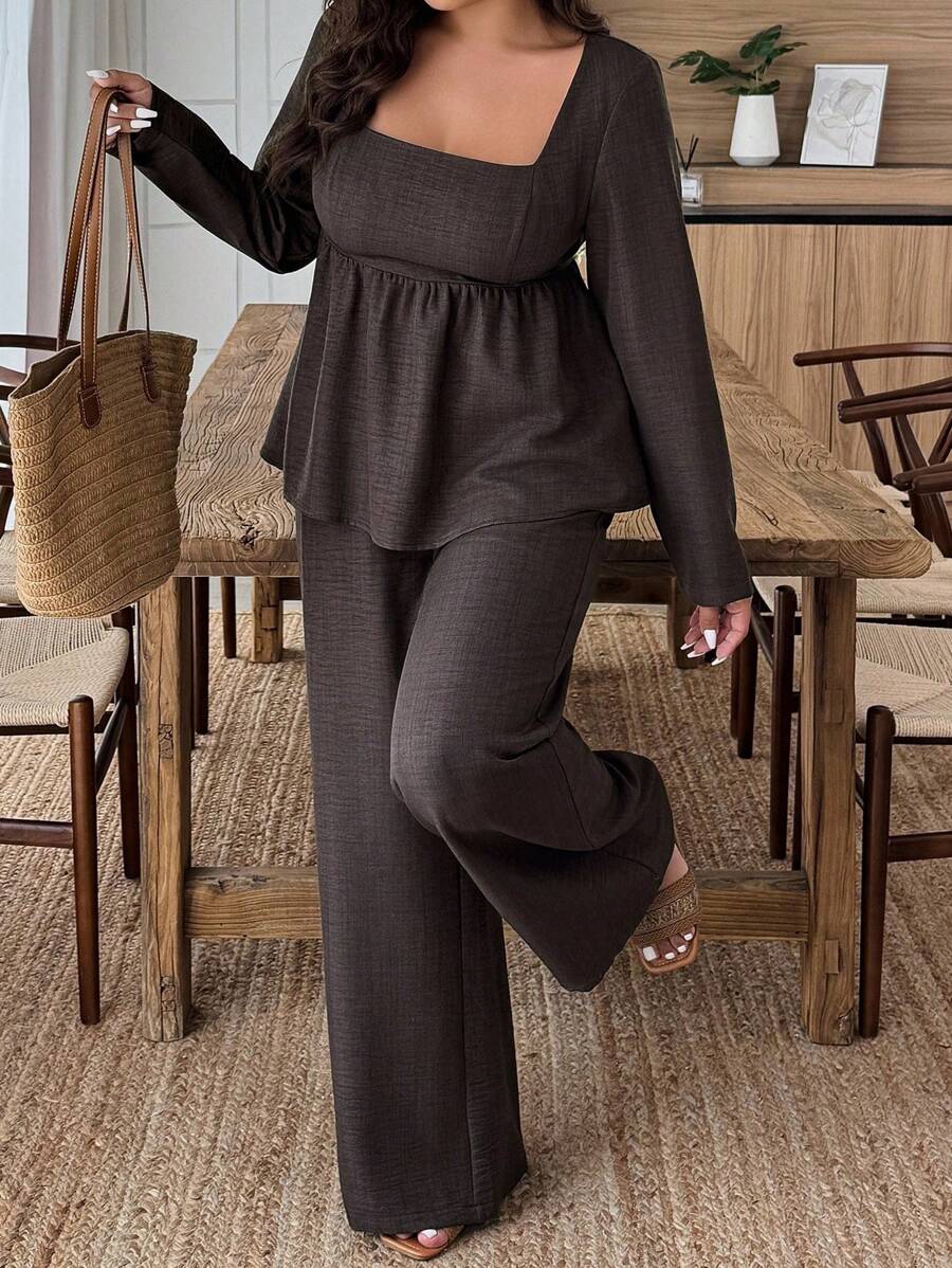 Plus Size Army Green Square Neck Two Piece Set Comfort