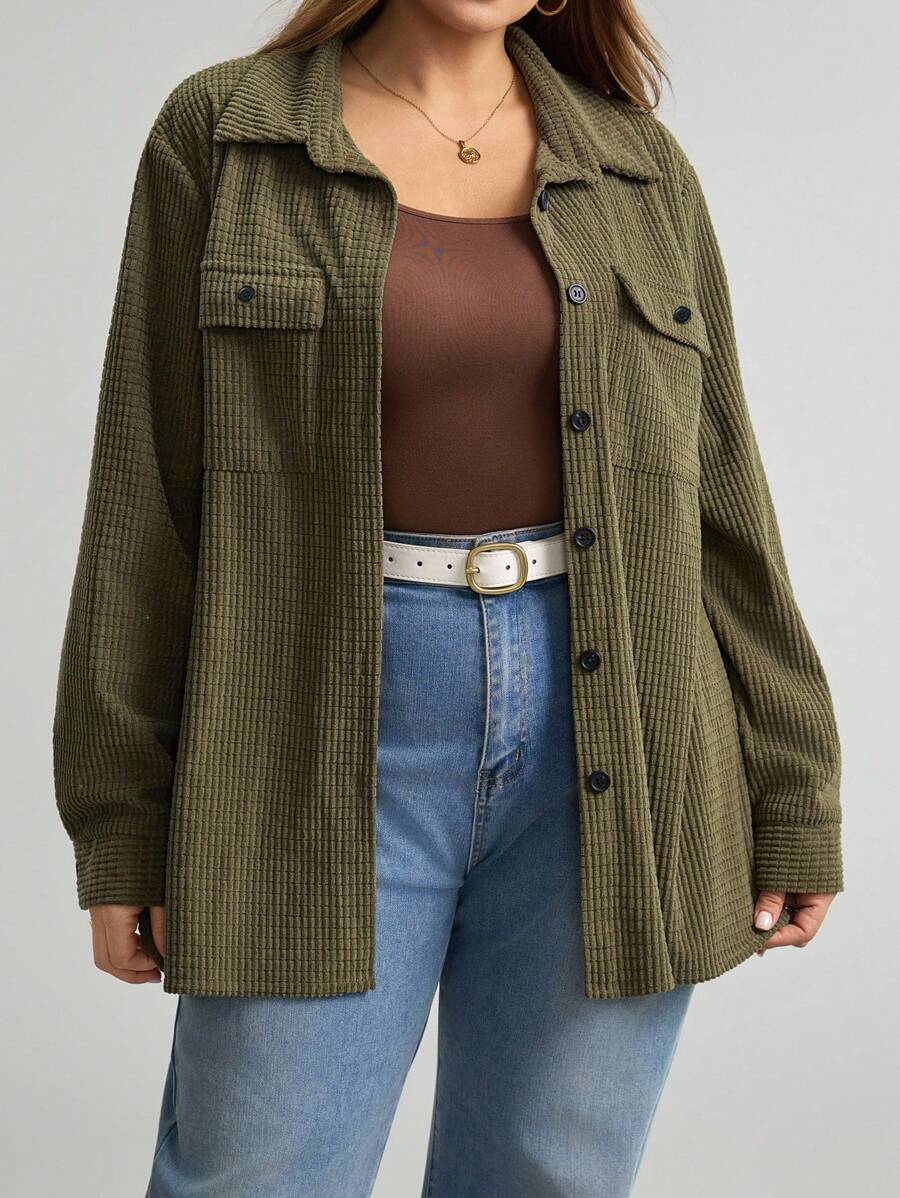 Plus Size Corduroy Shacket Single Breasted Blue Long Sleeve