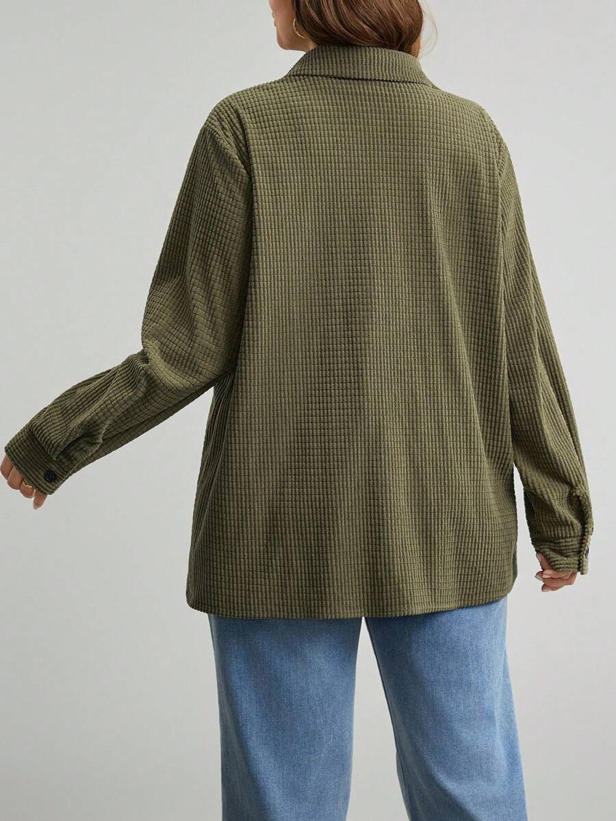 Plus Size Corduroy Shacket Single Breasted Blue Long Sleeve