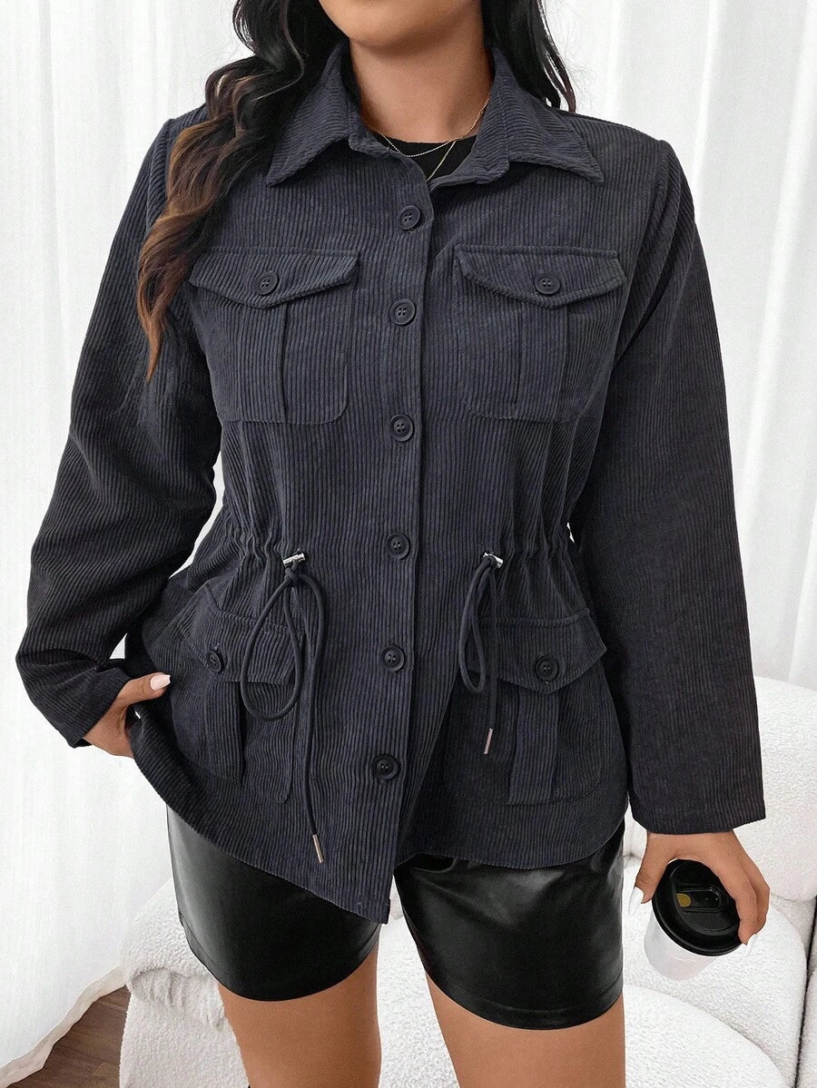 Corduroy Drawstring Waist Jacket For Everyday Casual Wear