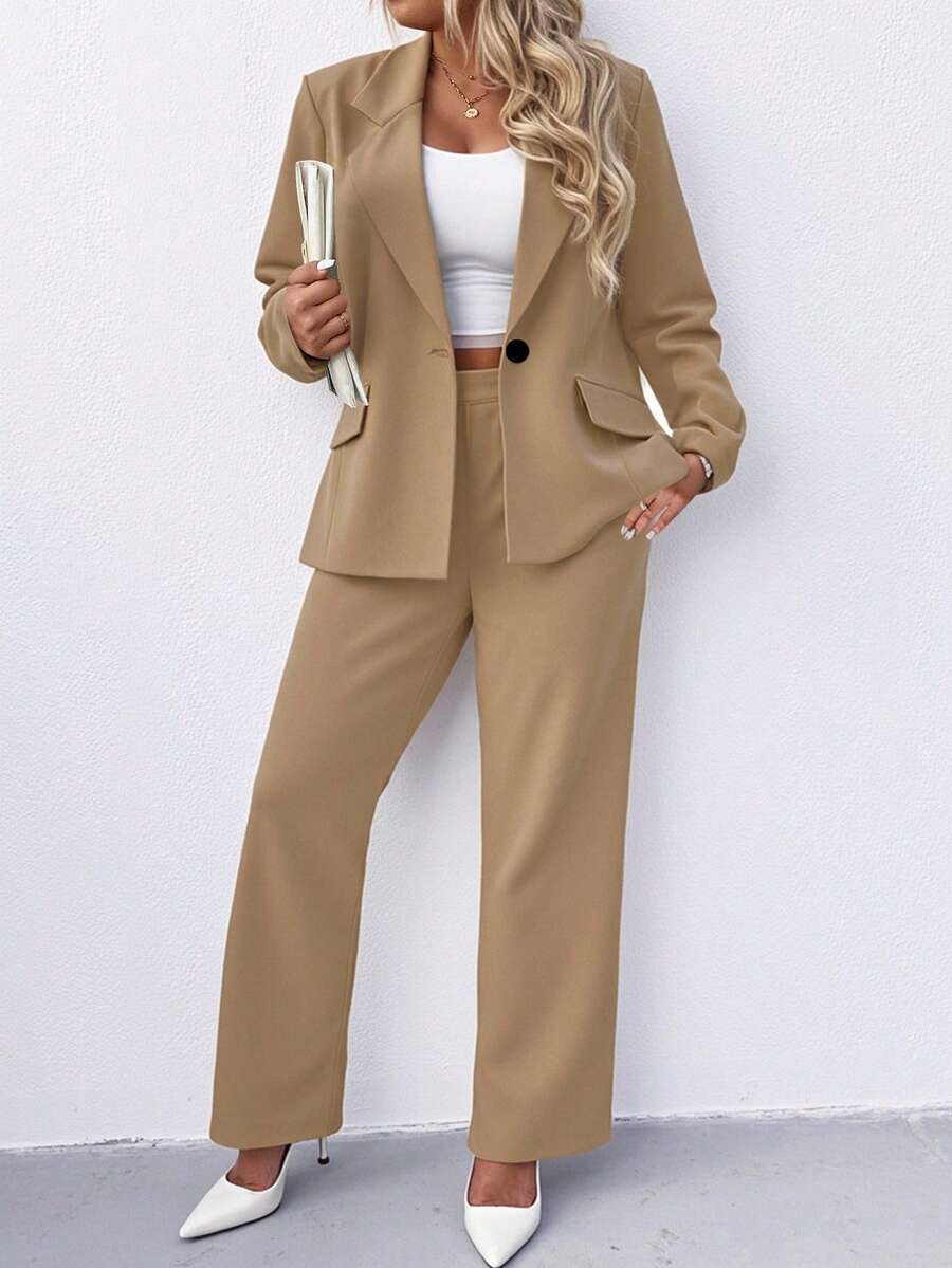 Plus Size Notched Collar Blazer Navy Workwear Casual