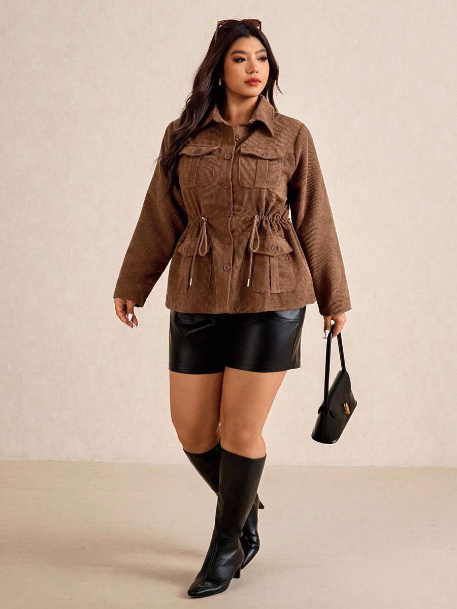 Corduroy Drawstring Waist Jacket For Everyday Casual Wear