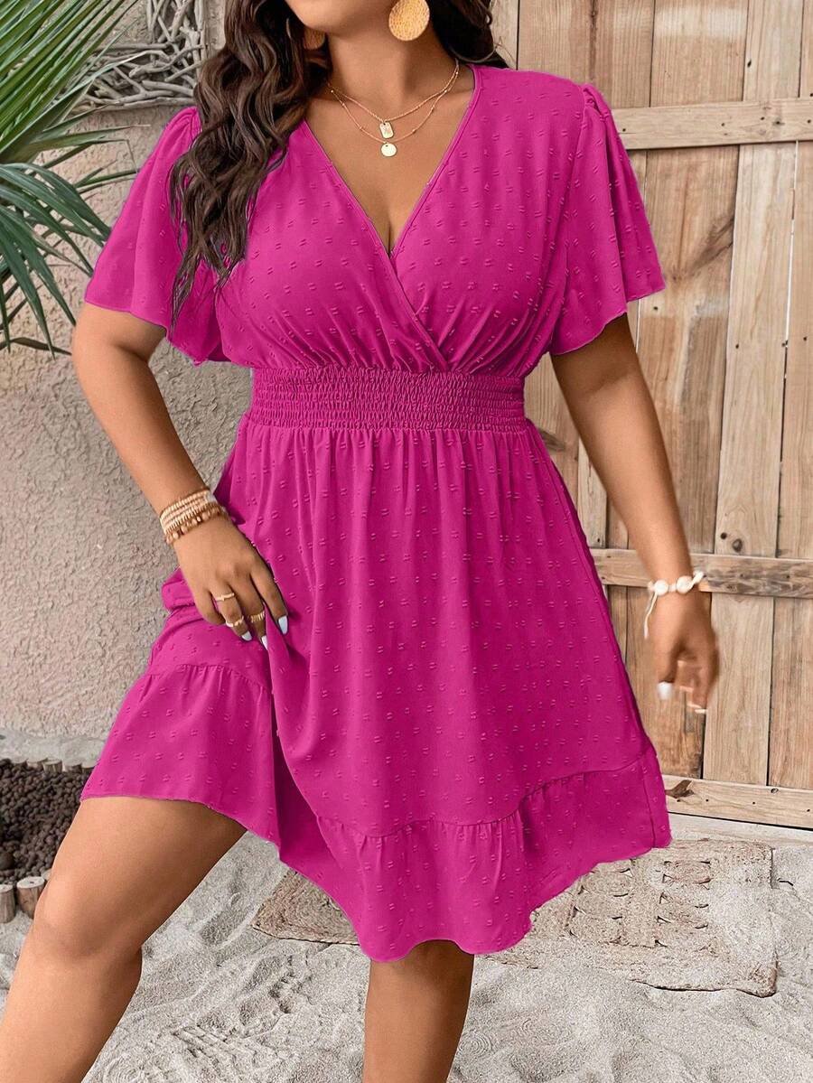 Plus Size V Neck Ruffle Dress With Cinched Waist Fit