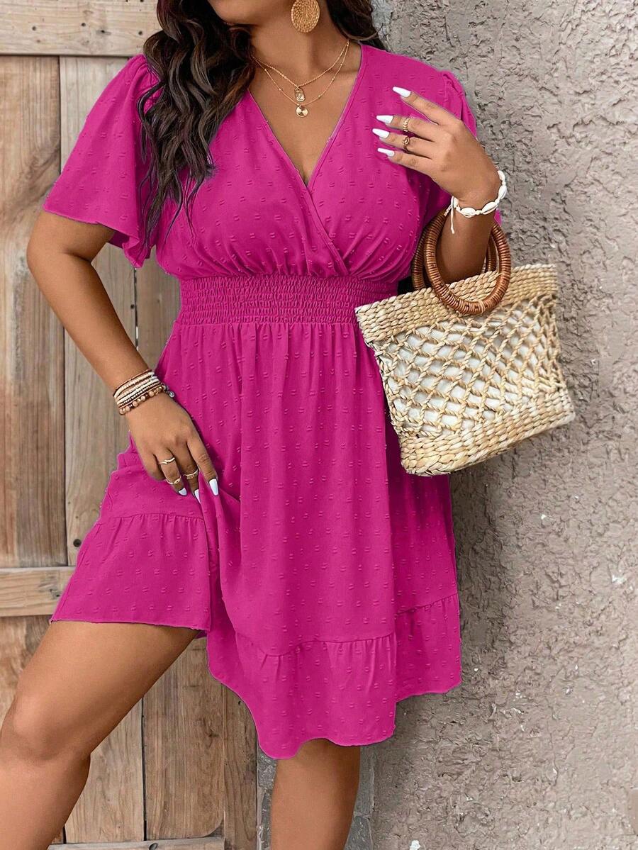 Plus Size V Neck Ruffle Dress With Cinched Waist Fit