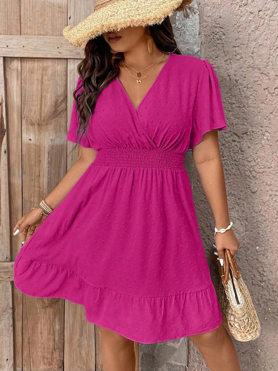 Plus Size V Neck Ruffle Dress With Cinched Waist Fit