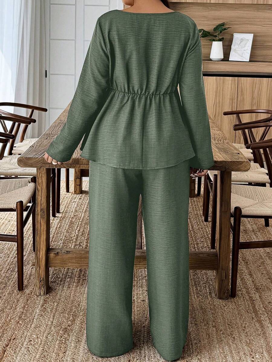 Plus Size Army Green Square Neck Two Piece Set Comfort