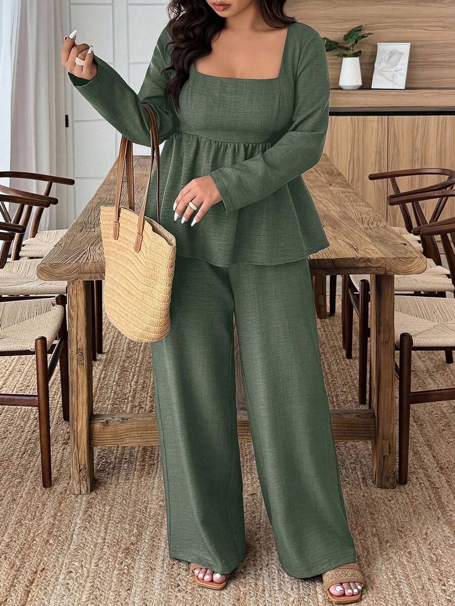 Plus Size Army Green Square Neck Two Piece Set Comfort